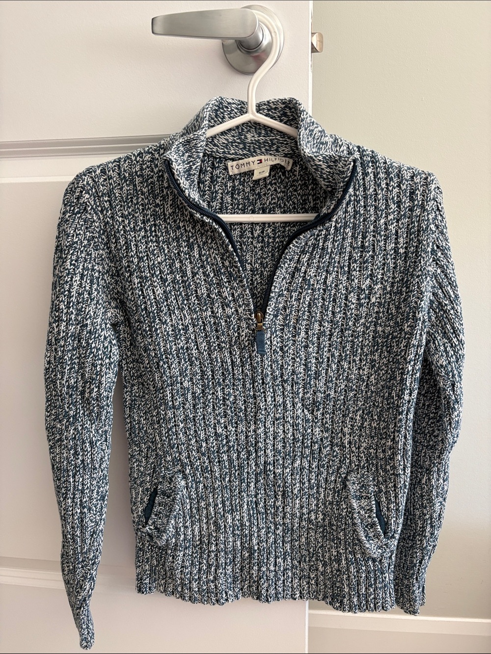 Tommy Hilfiger Women's Navy & White Marled Half-Zip Sweater